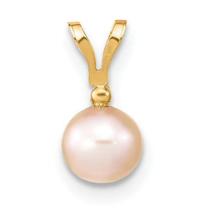 14K Yellow Gold 5 6mm Pink Round Freshwater Cultured Pearl And .01 Carat Diamond Pendant