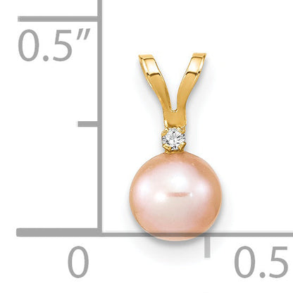 14K Yellow Gold 5 6mm Pink Round Freshwater Cultured Pearl And .01 Carat Diamond Pendant