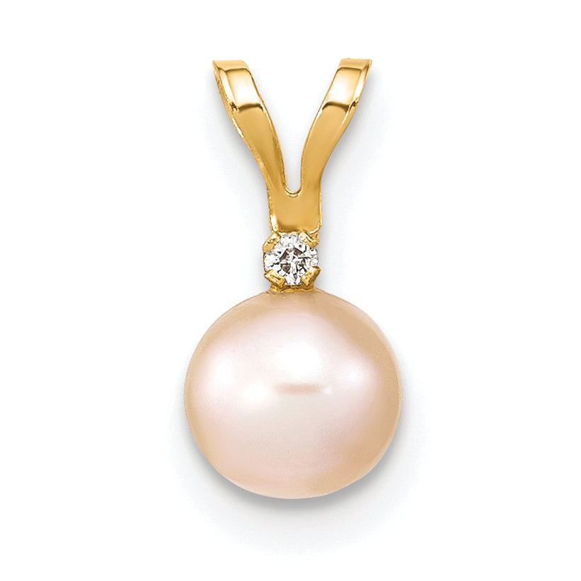 14K Yellow Gold 5 6mm Pink Round Freshwater Cultured Pearl And .01 Carat Diamond Pendant