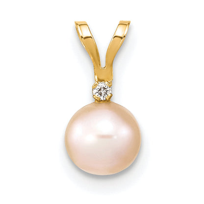 14K Yellow Gold 5 6mm Pink Round Freshwater Cultured Pearl And .01 Carat Diamond Pendant