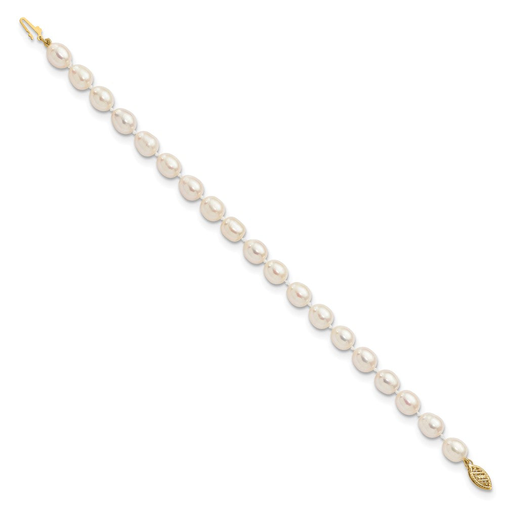14K Yellow Gold 7 8mm White Rice Freshwater Cultured Pearl 7.5 Inch Bracelet