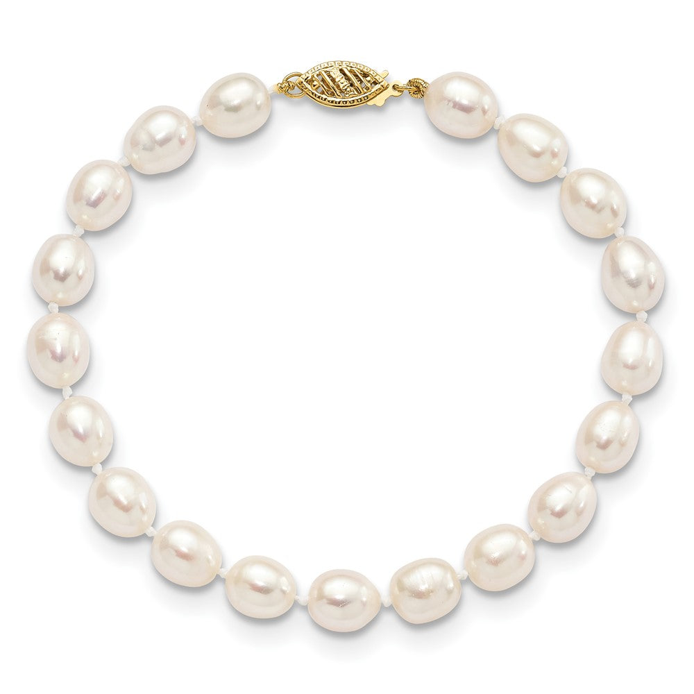 14K Yellow Gold 7 8mm White Rice Freshwater Cultured Pearl 7.5 Inch Bracelet