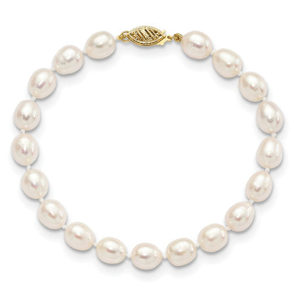 14K Yellow Gold 7 8mm White Rice Freshwater Cultured Pearl 7.5 Inch Bracelet