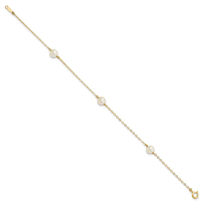 14K Yellow Gold 5 6mm White Near Round Freshwater Cultured Pearl 3 Station 7.25 Inch Bracelet