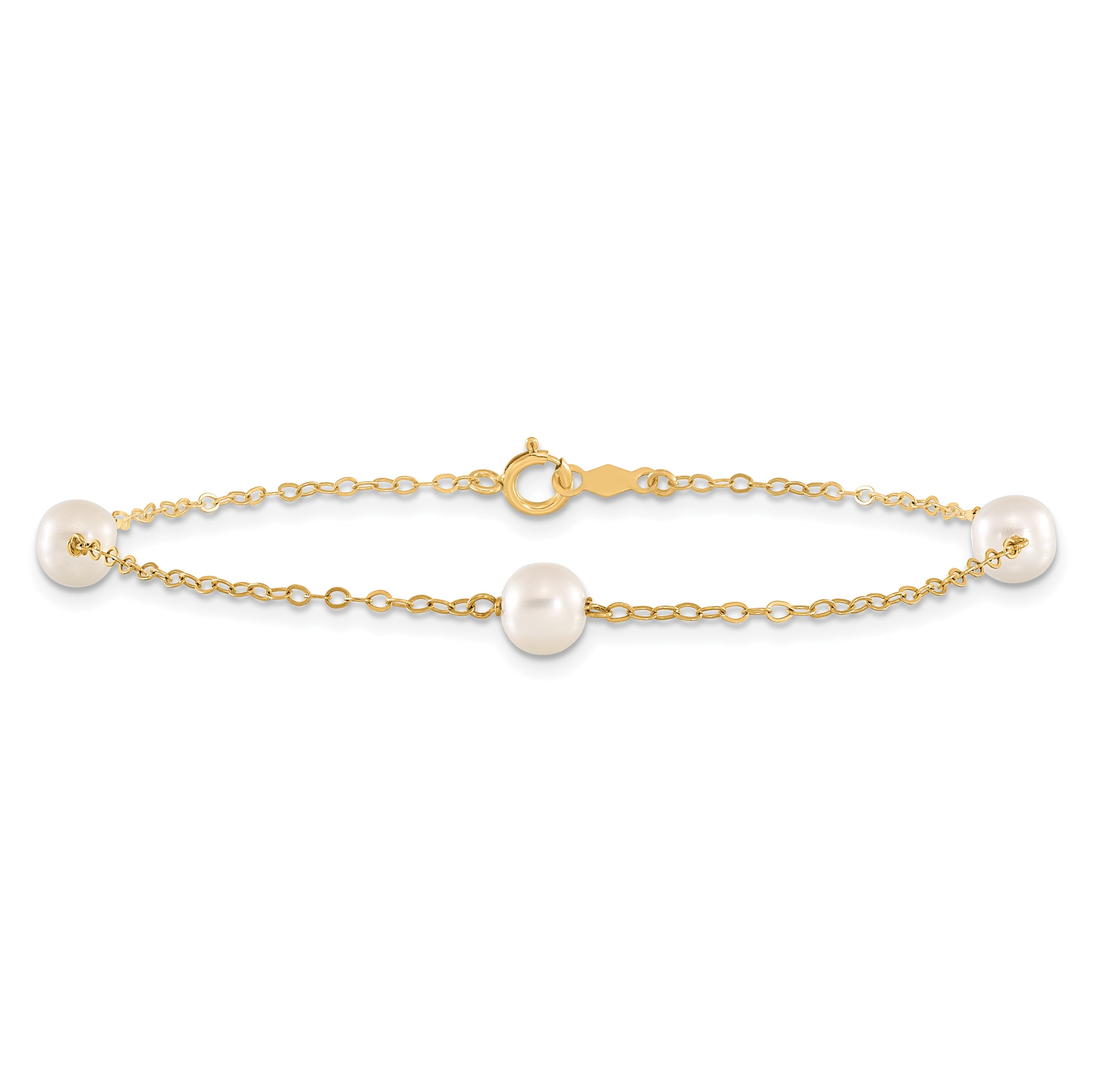 14K Yellow Gold 5 6mm White Near Round Freshwater Cultured Pearl 3 Station 7.25 Inch Bracelet