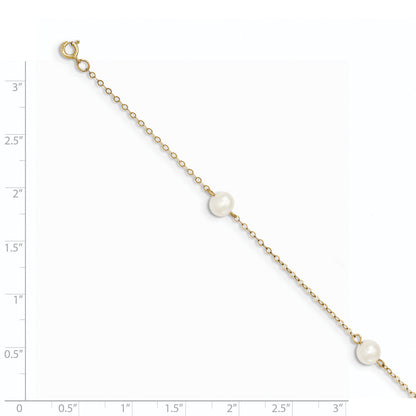 14K Yellow Gold 5 6mm White Near Round Freshwater Cultured Pearl 3 Station 7.25 Inch Bracelet