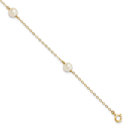 14K Yellow Gold 5 6mm White Near Round Freshwater Cultured Pearl 3 Station 7.25 Inch Bracelet