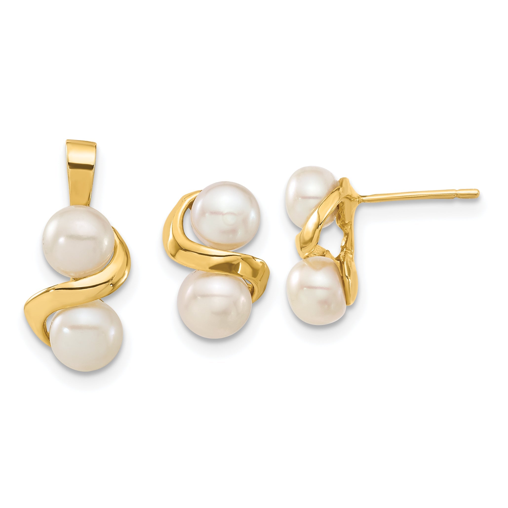 14k Yellow Gold 14k 5-6mm White Button Freshwater Cultured Pearl Post Earrings and Pendant Set