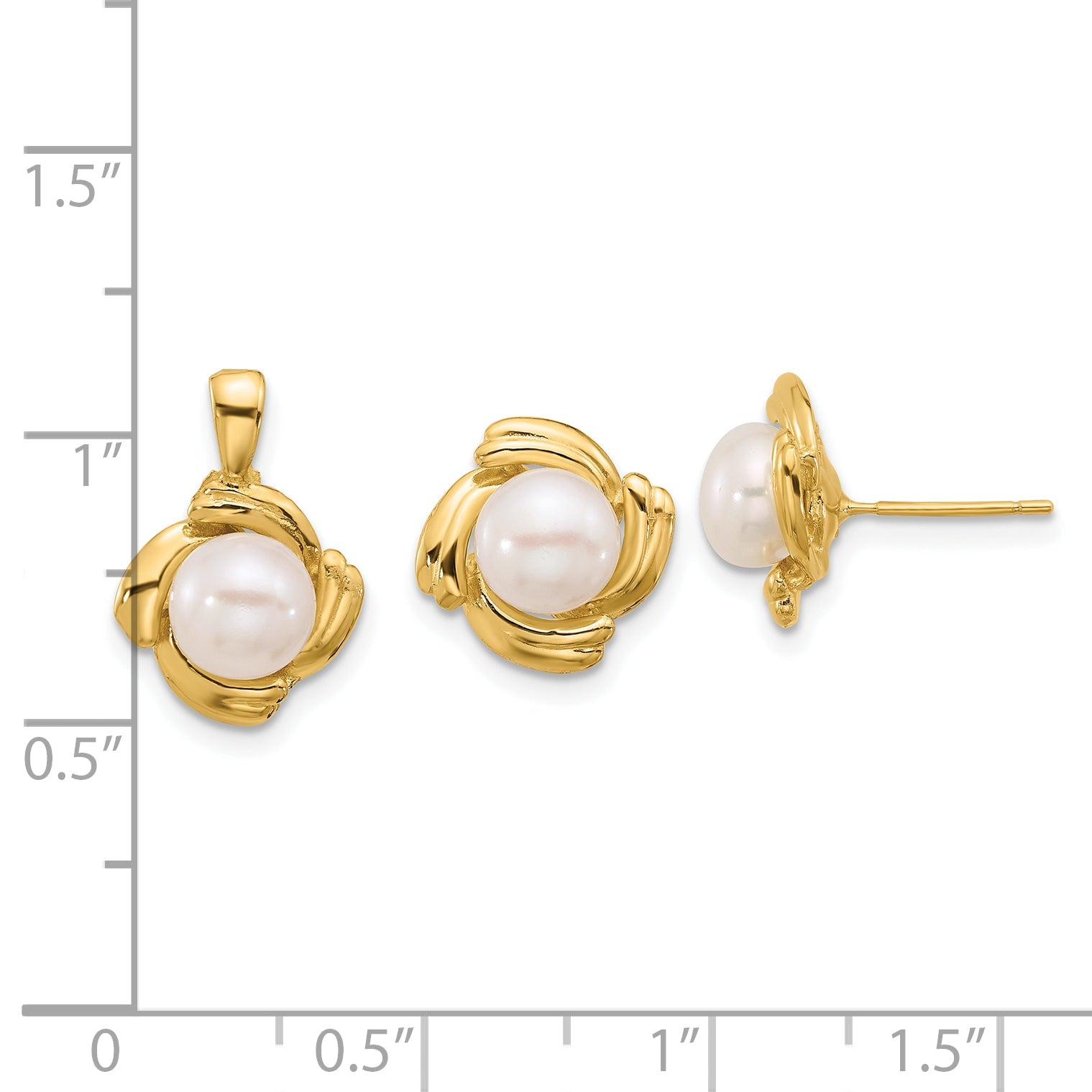14k Yellow Gold 14k 6-7mm White Button Freshwater Cultured Pearl Post Earrings and Pendant Set