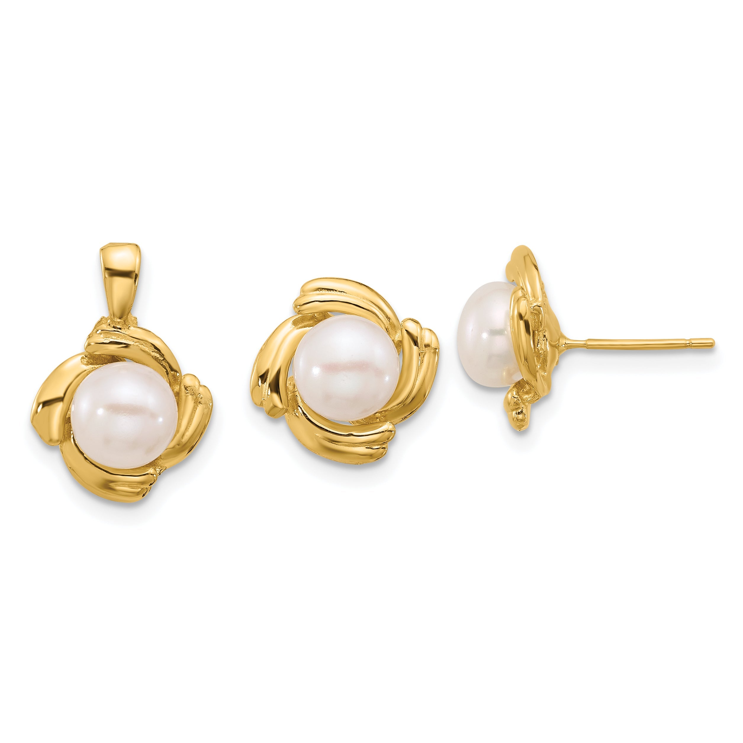14k Yellow Gold 14k 6-7mm White Button Freshwater Cultured Pearl Post Earrings and Pendant Set