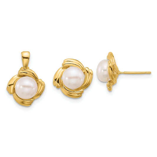 14k Yellow Gold 14k 6-7mm White Button Freshwater Cultured Pearl Post Earrings and Pendant Set