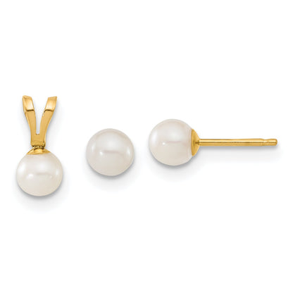 14k Yellow Gold 14k Children's 4-5mm White Round Freshwater Cultured Pearl Pendant and Post Earrings Set