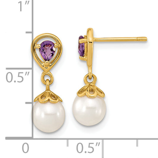 14K Yellow Gold 6 7mm White Round Fwc Pearl Amethyst Post Dangle Earrings