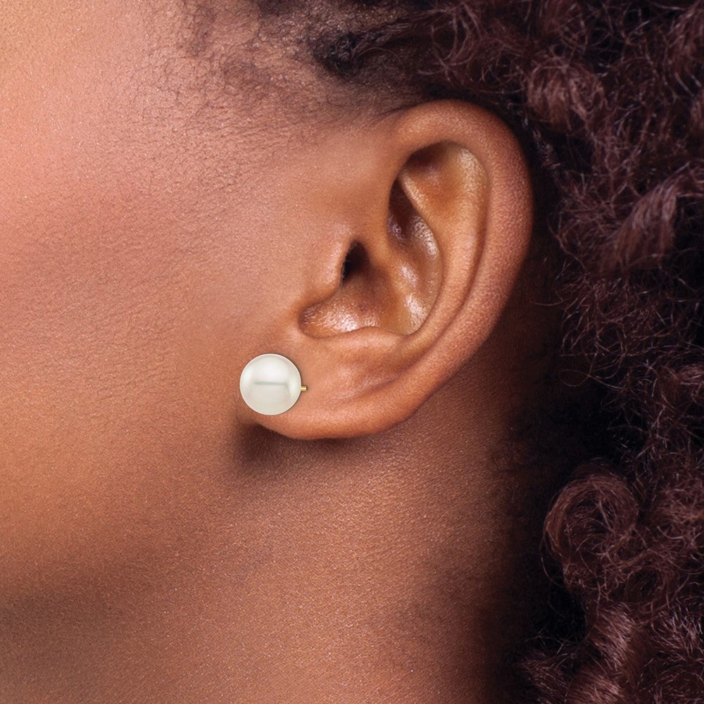 14K Yellow Gold 9 10mm White Round Saltwater Akoya Cultured Pearl Stud Post Earrings