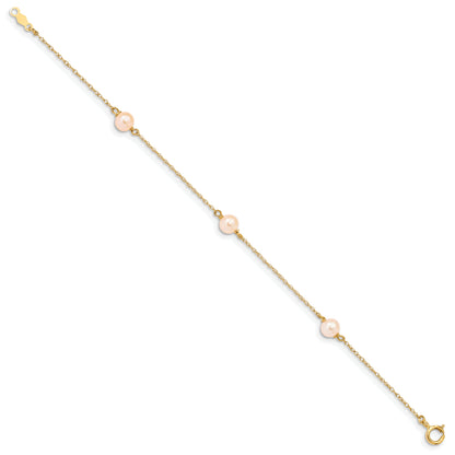14K Yellow Gold Madi K 5 6mm Pink Near Round Freshwater Cultured Pearl 3 Station 6 Inch Bracelet