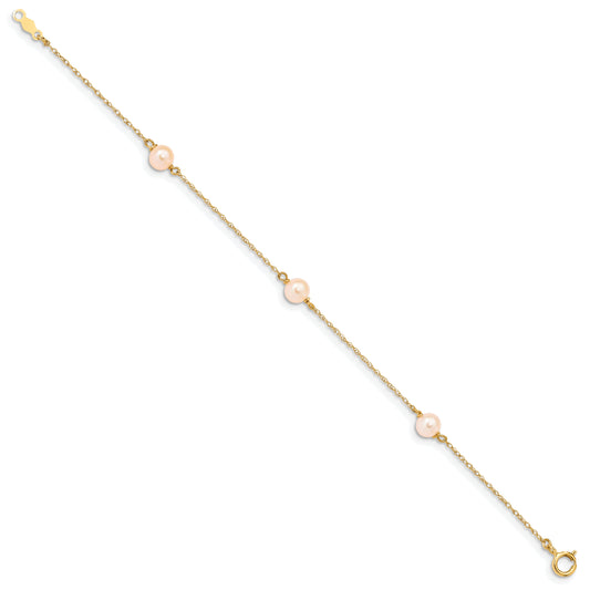 14K Yellow Gold Madi K 5 6mm Pink Near Round Freshwater Cultured Pearl 3 Station 6 Inch Bracelet