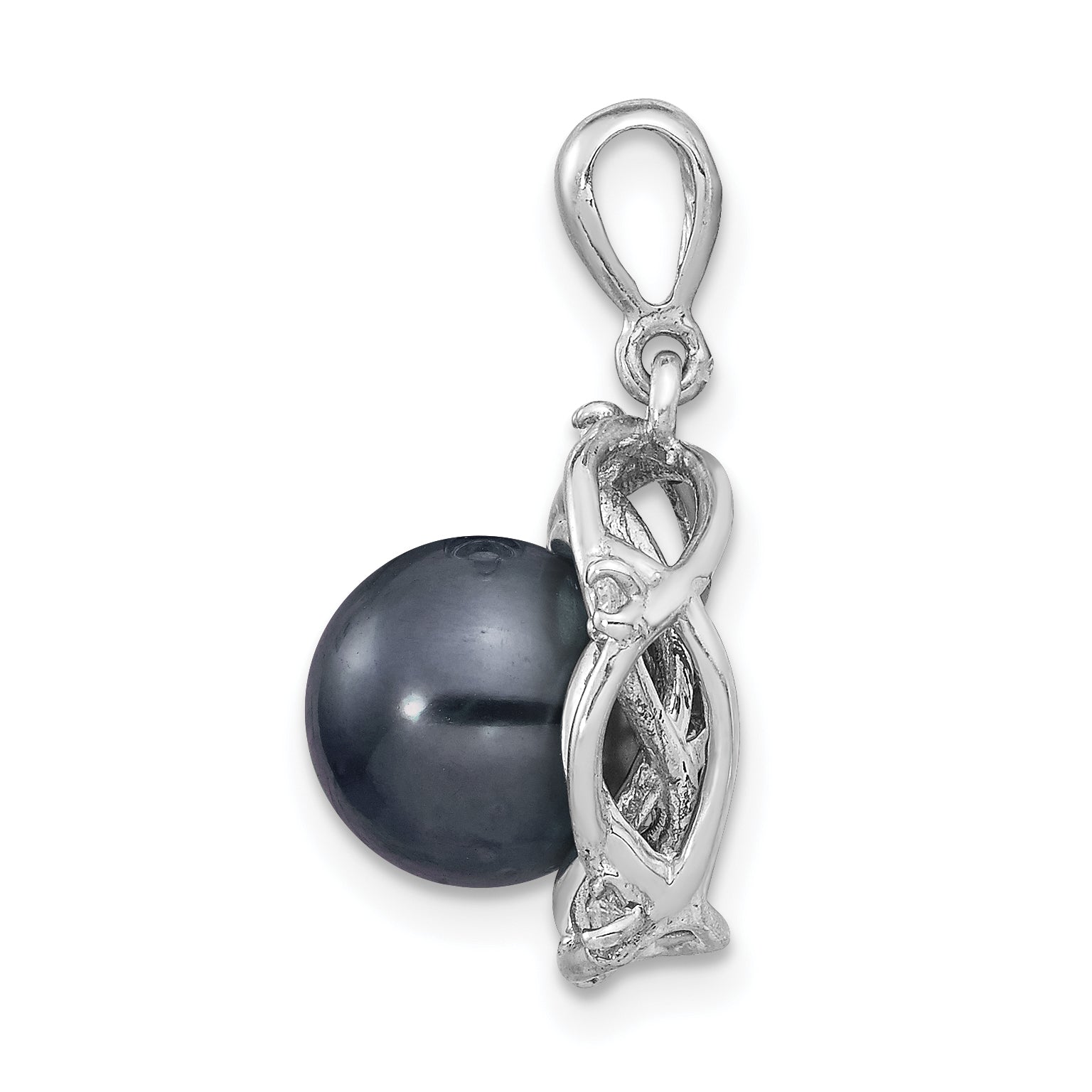 14k White Gold 14k White Gold 8-9mm Black Round Tahitian Saltwater Cultured Pearl and .075 Carat Diamond Pendant