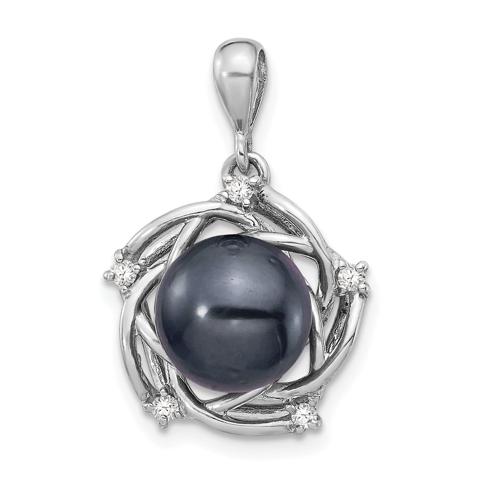 14k White Gold 14k White Gold 8-9mm Black Round Tahitian Saltwater Cultured Pearl and .075 Carat Diamond Pendant