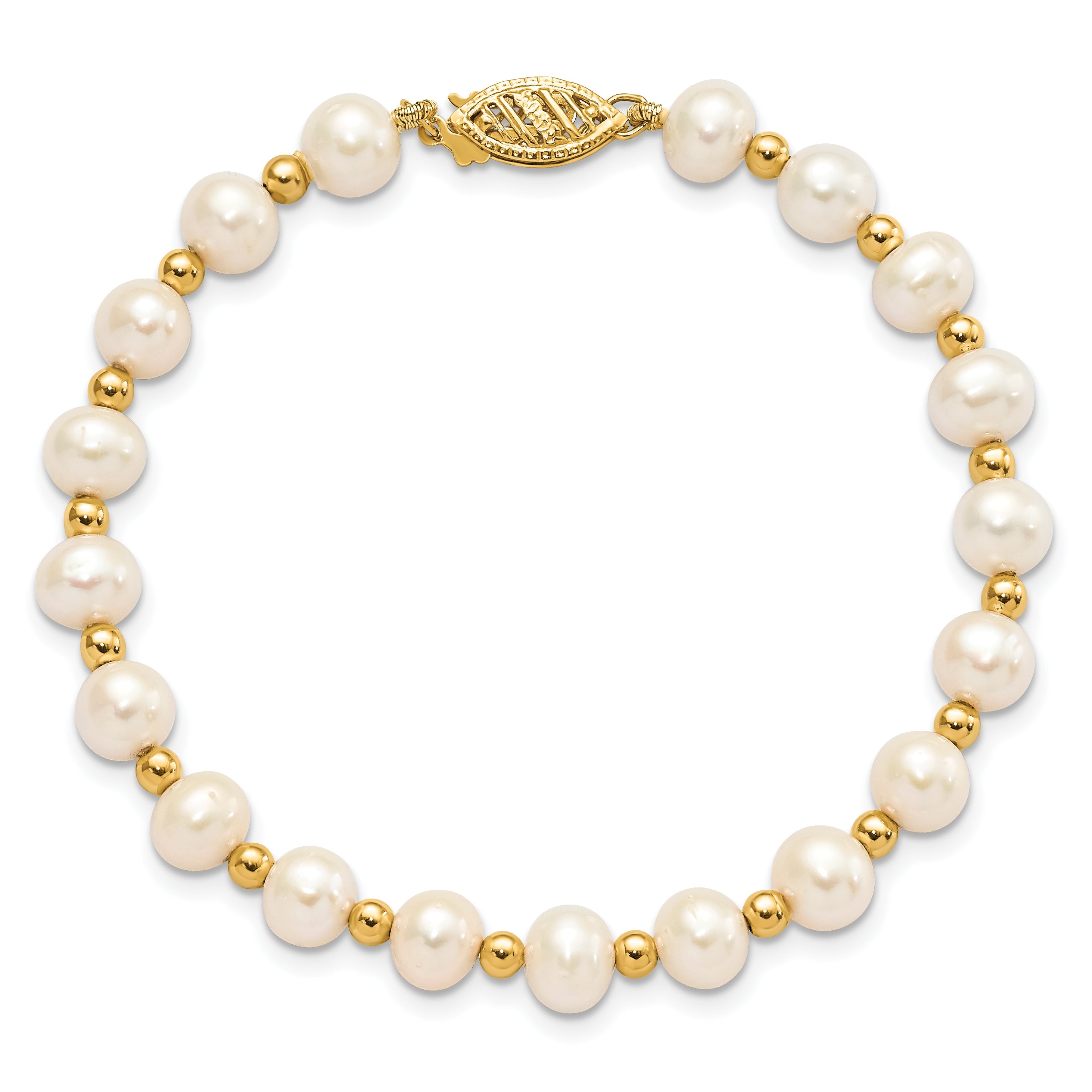 14K Yellow Gold 6 7mm White Near Round Freshwater Cultured Pearl Beaded 7 Inch Bracelet