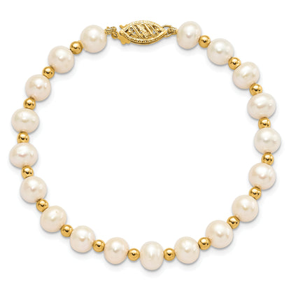 14K Yellow Gold 6 7mm White Near Round Freshwater Cultured Pearl Beaded 7 Inch Bracelet