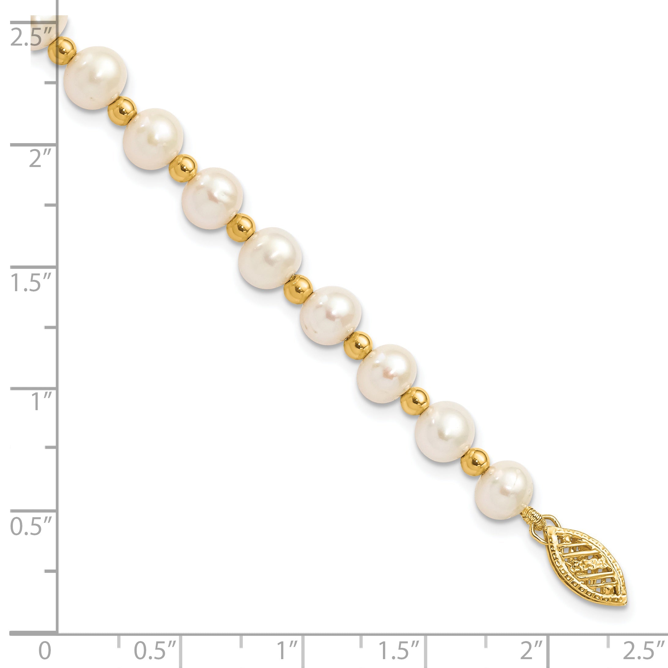 14K Yellow Gold 6 7mm White Near Round Freshwater Cultured Pearl Beaded 7 Inch Bracelet