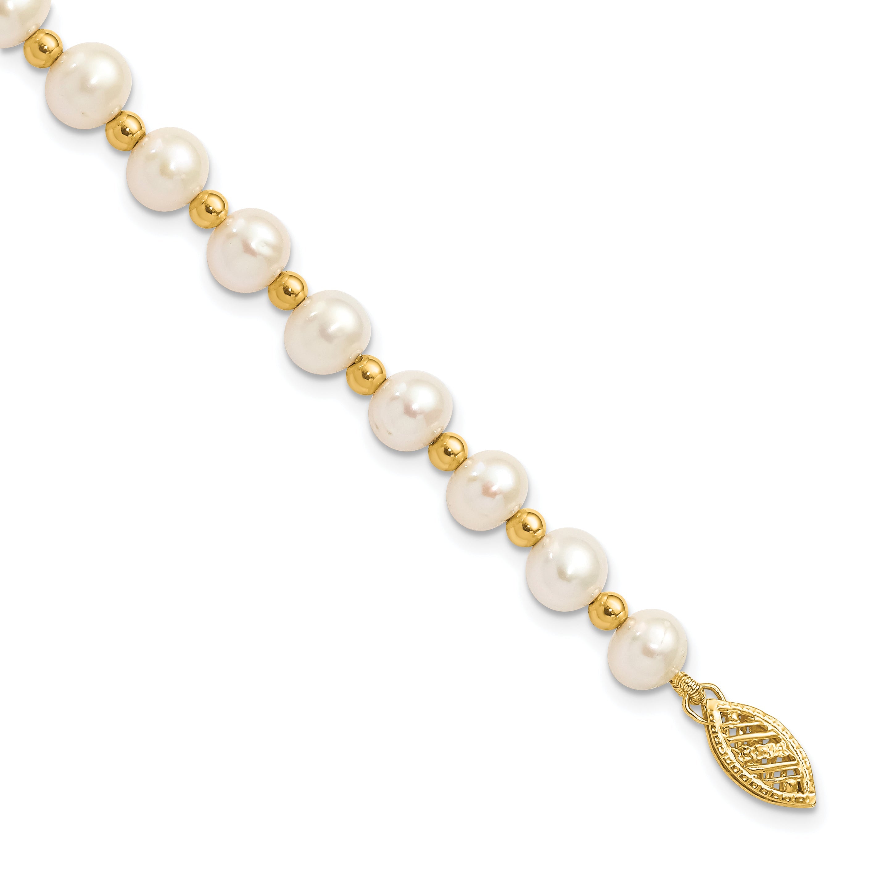 14K Yellow Gold 6 7mm White Near Round Freshwater Cultured Pearl Beaded 7 Inch Bracelet