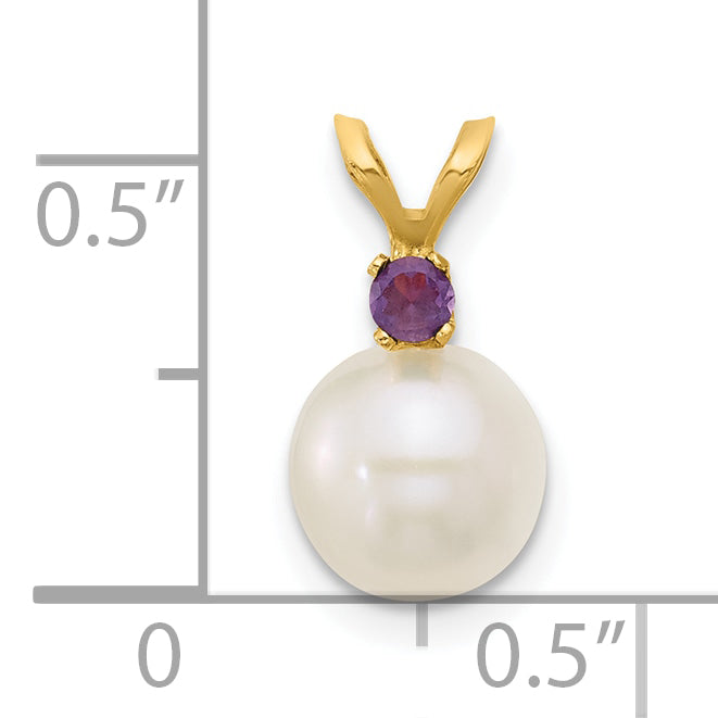 14k Yellow Gold 14k 7-7.5mm White Round Freshwater Cultured Pearl and .07AM Amethyst Pendant