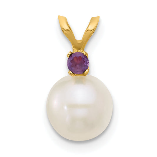 14k Yellow Gold 14k 7-7.5mm White Round Freshwater Cultured Pearl and .07AM Amethyst Pendant