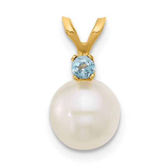 14k Yellow Gold 14k 7-7.5mm White Round Freshwater Cultured Pearl and .09BT Swiss Blue Topaz Pendant