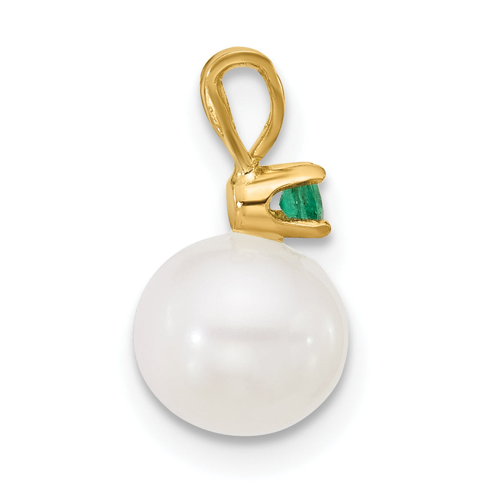 14k Yellow Gold 14k 7-7.5mm White Round Freshwater Cultured Pearl and .09EM Emerald Pendant