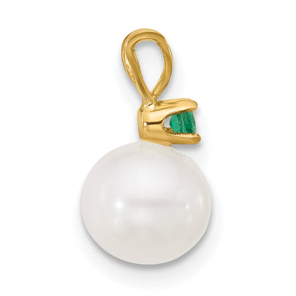 14k Yellow Gold 14k 7-7.5mm White Round Freshwater Cultured Pearl and .09EM Emerald Pendant
