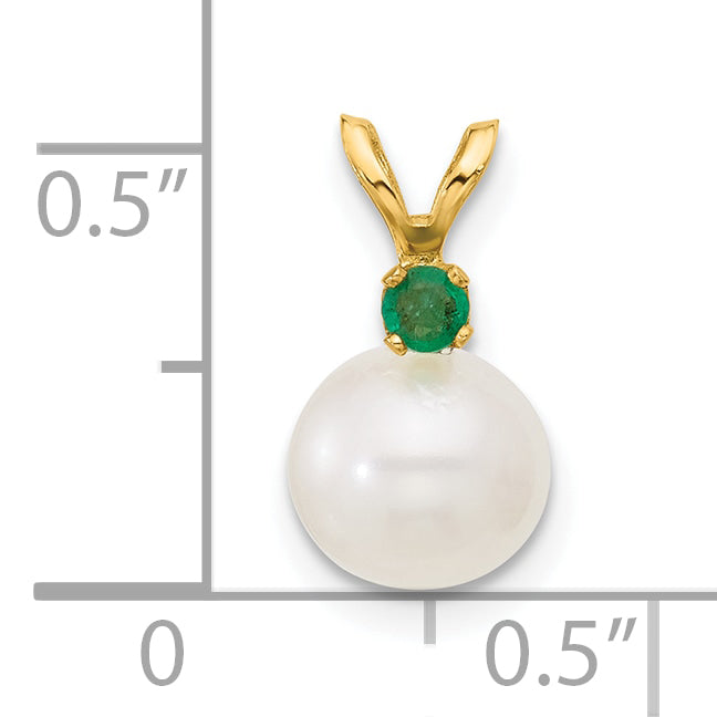 14k Yellow Gold 14k 7-7.5mm White Round Freshwater Cultured Pearl and .09EM Emerald Pendant