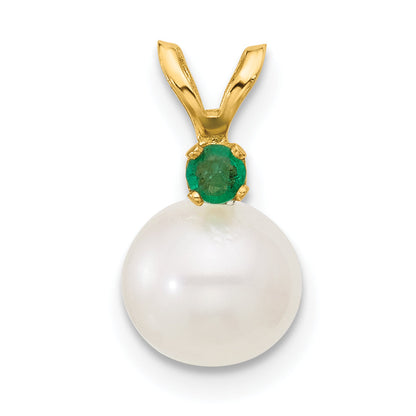 14k Yellow Gold 14k 7-7.5mm White Round Freshwater Cultured Pearl and .09EM Emerald Pendant