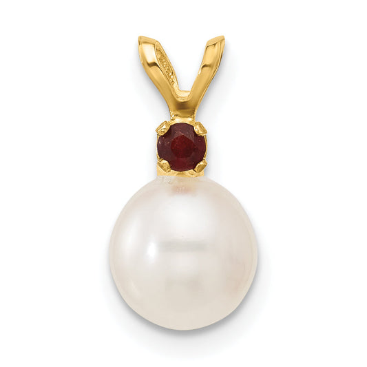 14k Yellow Gold 14k 7-7.5mm White Round Freshwater Cultured Pearl and .09GA Garnet Pendant