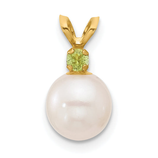 14k Yellow Gold 14k 7-7.5mm White Round Freshwater Cultured Pearl and .07PE Peridot Pendant