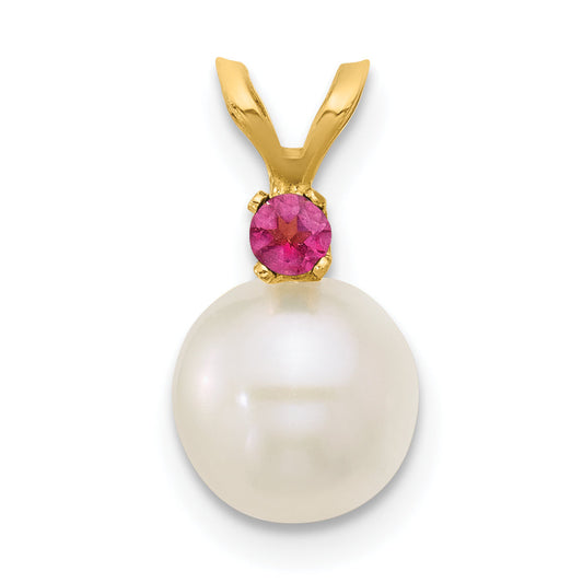 14k Yellow Gold 14k 7-7.5mm White Round Freshwater Cultured Pearl and .07PT Pink Topaz Pendant