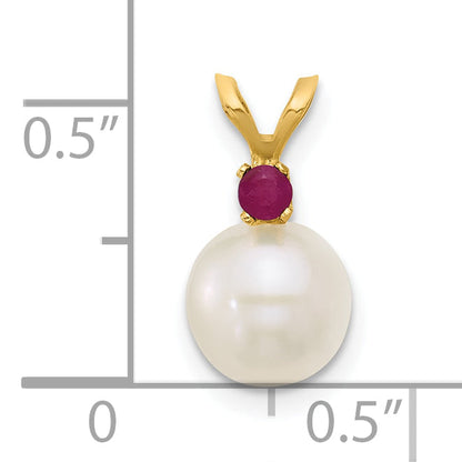 14k Yellow Gold 14k 7-7.5mm White Round Freshwater Cultured Pearl and .09RU Ruby Pendant