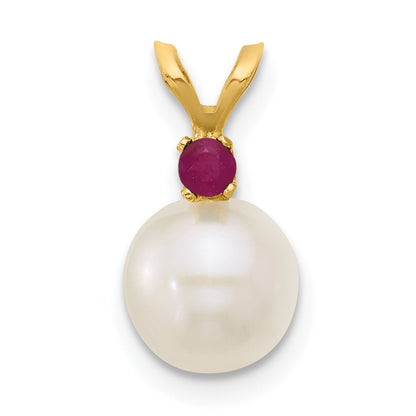 14k Yellow Gold 14k 7-7.5mm White Round Freshwater Cultured Pearl and .09RU Ruby Pendant