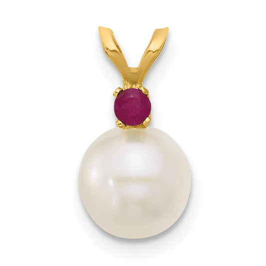 14k Yellow Gold 14k 7-7.5mm White Round Freshwater Cultured Pearl and .09RU Ruby Pendant