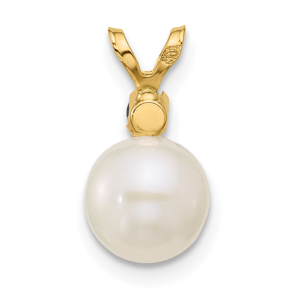14k Yellow Gold 14k 7-7.5mm White Round Freshwater Cultured Pearl and .09SA Sapphire Pendant