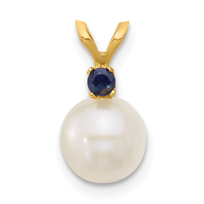 14k Yellow Gold 14k 7-7.5mm White Round Freshwater Cultured Pearl and .09SA Sapphire Pendant