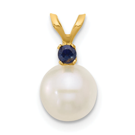 14k Yellow Gold 14k 7-7.5mm White Round Freshwater Cultured Pearl and .09SA Sapphire Pendant