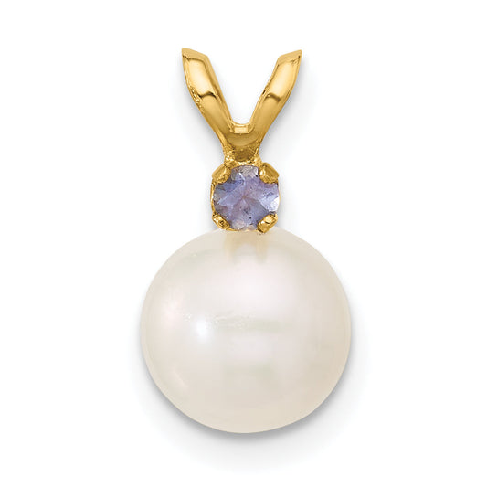 14k Yellow Gold 14k 7-7.5mm White Round Freshwater Cultured Pearl and .07TZ Tanzanite Pendant