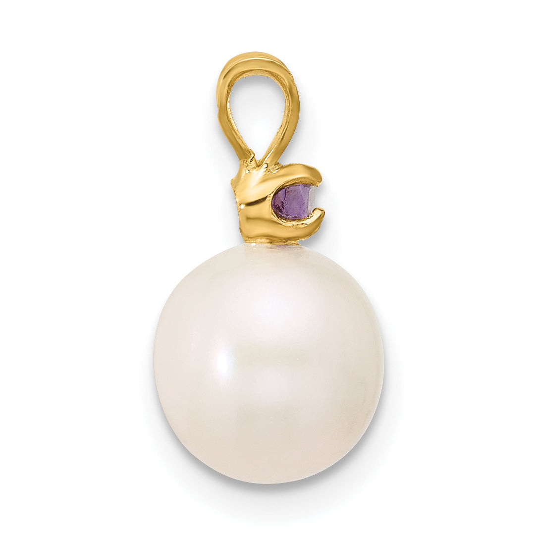 14k Yellow Gold 14k 8-8.5mm White Round Freshwater Cultured Pearl and .07AM Amethyst Pendant