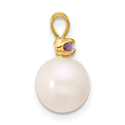 14k Yellow Gold 14k 8-8.5mm White Round Freshwater Cultured Pearl and .07AM Amethyst Pendant