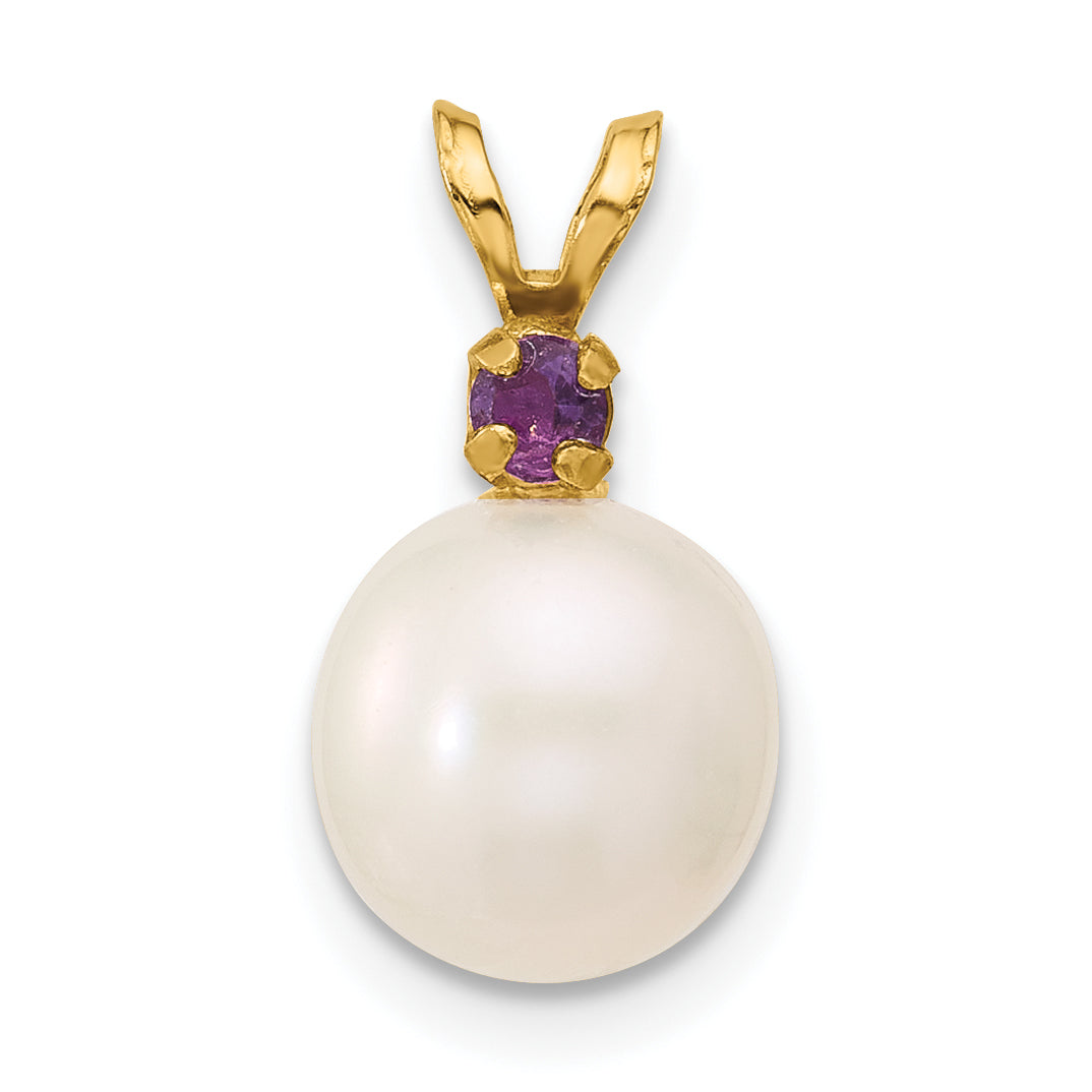 14k Yellow Gold 14k 8-8.5mm White Round Freshwater Cultured Pearl and .07AM Amethyst Pendant