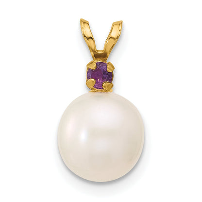 14k Yellow Gold 14k 8-8.5mm White Round Freshwater Cultured Pearl and .07AM Amethyst Pendant