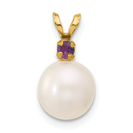 14k Yellow Gold 14k 8-8.5mm White Round Freshwater Cultured Pearl and .07AM Amethyst Pendant