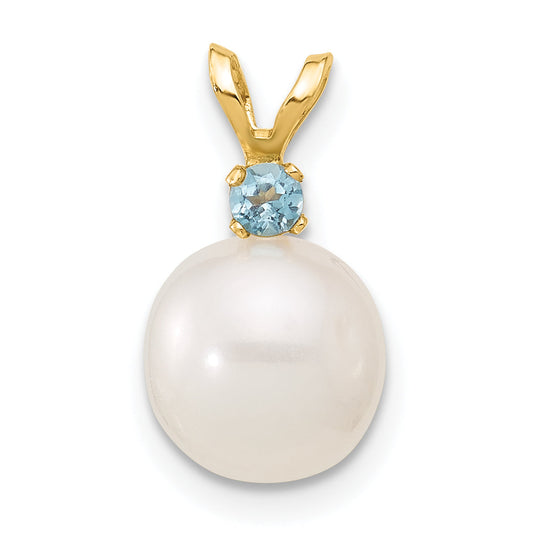 14k Yellow Gold 14k 8-8.5mm White Round Freshwater Cultured Pearl and .09BT Blue Topaz Pendant
