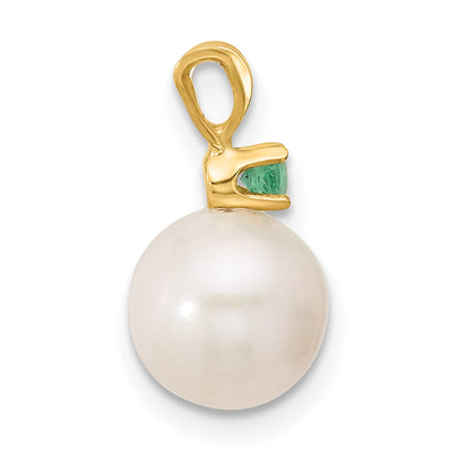 14k Yellow Gold 14k8-8.5mm White Round Freshwater Cultured Pearl and .09EM Emerald Pendant
